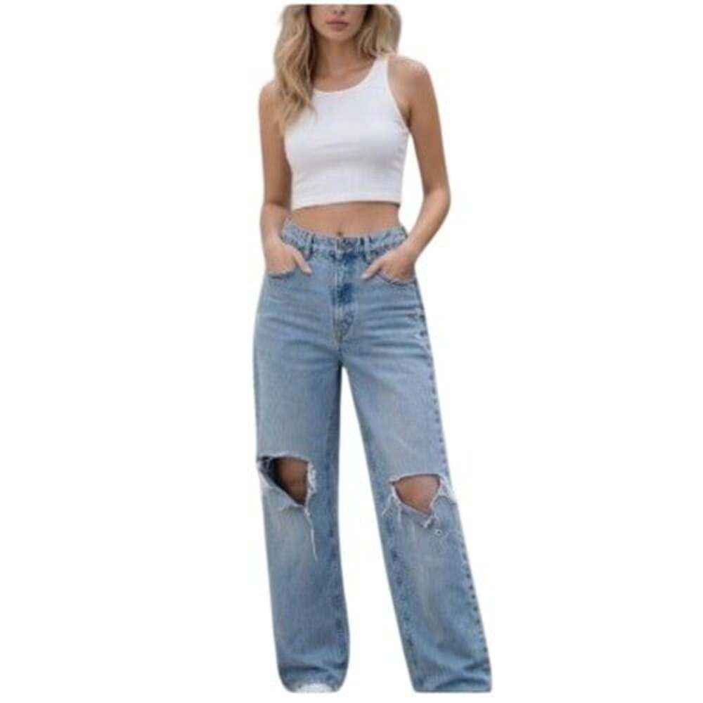 Zara Women's Light Wash Distressed High Rise Wide Leg Jeans Size 2